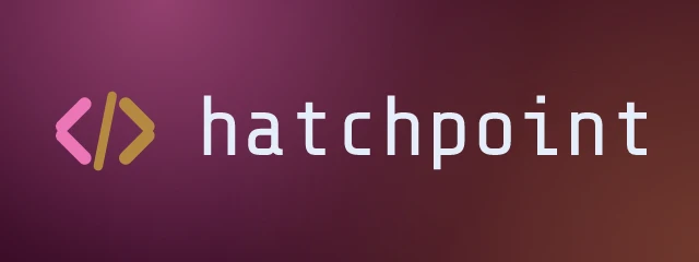 Hatchpoint logo: Share Tech Mono 400, horizontal layout, brackets symbol, navy and pink and gold