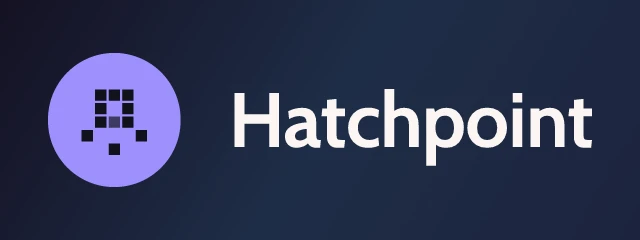 Hatchpoint logo: Cabin 700, horizontal layout, pixel symbol, brown and sky and teal