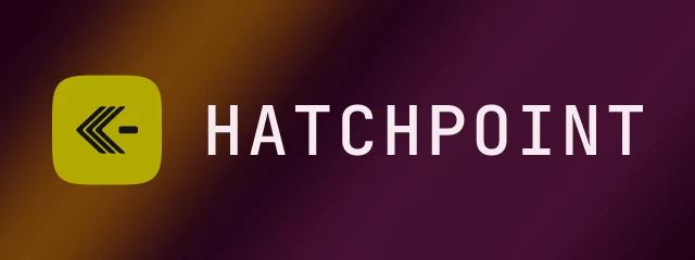 Hatchpoint logo: JetBrains Mono 500, horizontal layout, chevron symbol, plum and yellow