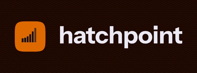 Hatchpoint logo: Instrument Sans 700, horizontal layout, bars symbol, navy and orange and purple