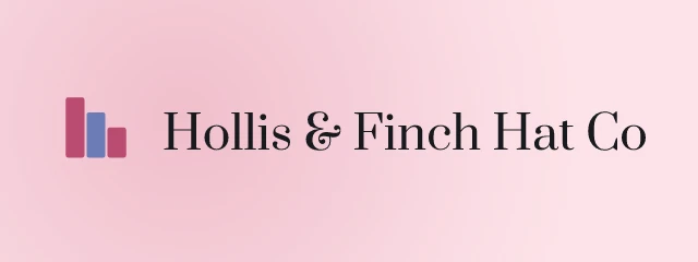 Hollis & Finch Hat Co logo: Prata 400, horizontal layout, steps symbol, black and pink and sky