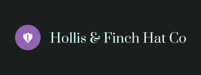 Hollis & Finch Hat Co logo: Prata 400, horizontal layout, shield symbol, black and purple and gold