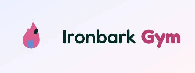 Ironbark Gym logo: Fredoka 700, horizontal layout, flame symbol, teal and pink and sky