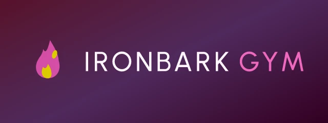 Ironbark Gym logo: Urbanist 500, horizontal layout, flame symbol, plum and yellow
