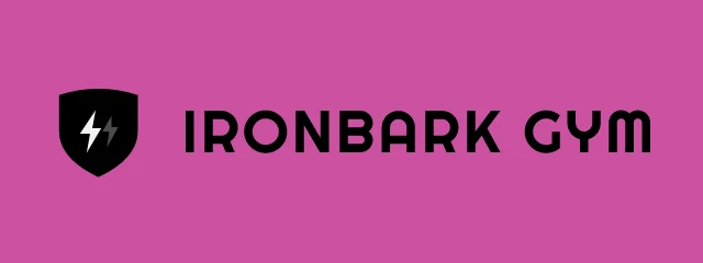 Ironbark Gym logo: Righteous 400, horizontal layout, bolt symbol, yellow and pink and blue