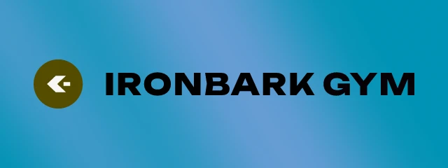 Ironbark Gym logo: Unbounded 800, horizontal layout, chevron symbol, yellow and teal and pink