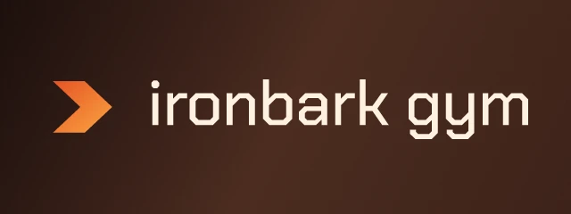 Ironbark Gym logo: Chakra Petch 500, horizontal layout, chevron symbol, black and red and orange