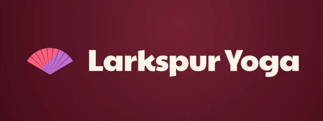 Larkspur Yoga logo: Paytone One 400, horizontal layout, fan symbol, navy and pink and purple