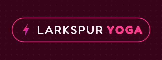 Larkspur Yoga logo: Fredoka 700, badge layout, bolt symbol, purple and pink and plum