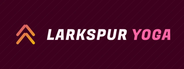 Larkspur Yoga logo: Fugaz One 400, horizontal layout, arrow symbol, plum and red and gold
