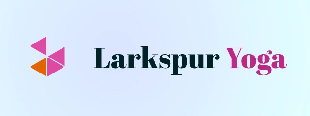 Larkspur Yoga logo: Abril Fatface 400, horizontal layout, prism symbol, teal and pink and orange