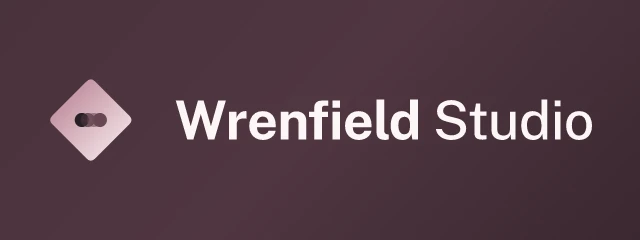 Wrenfield Studio logo: Public Sans 700, horizontal layout, overlap symbol, charcoal and grey and sand