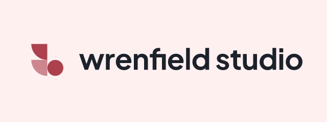 Wrenfield Studio logo: Plus Jakarta Sans 700, horizontal layout, tiles symbol, navy and red and green