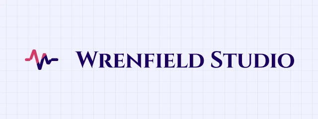 Wrenfield Studio logo: Cinzel 700, horizontal layout, play symbol, navy and pink and yellow