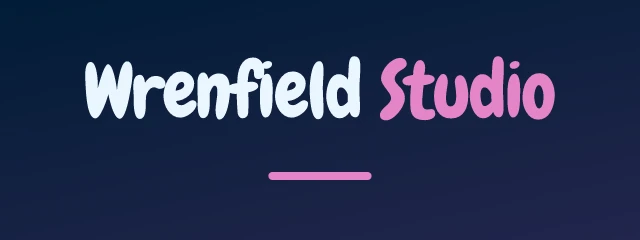 Wrenfield Studio logo: Chewy 400, wordmark layout, none symbol, navy and pink and rust