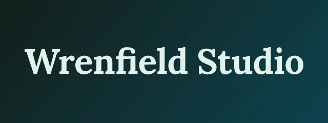 Wrenfield Studio logo: Lora 700, wordmark layout, none symbol, teal and pink